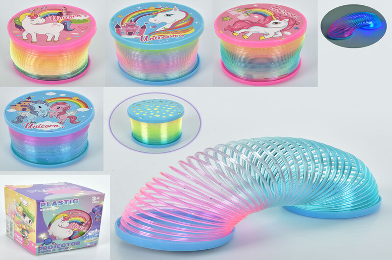 Пружинка QX16-QX25 (360шт) проектор, світло, 2 види, 4 кольори, на бат-ці (табл), в кор-ці, 6-6-7см