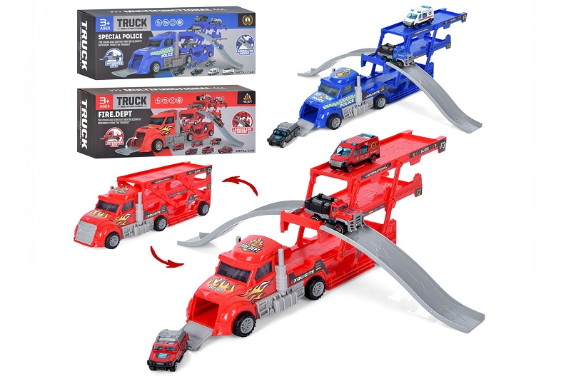 Трейлер 866-103-104A (18шт)  31см, машинки (мет) 7см 3шт, 2 види (поліц,пожеж), в кор-ці 34-13-8,5см