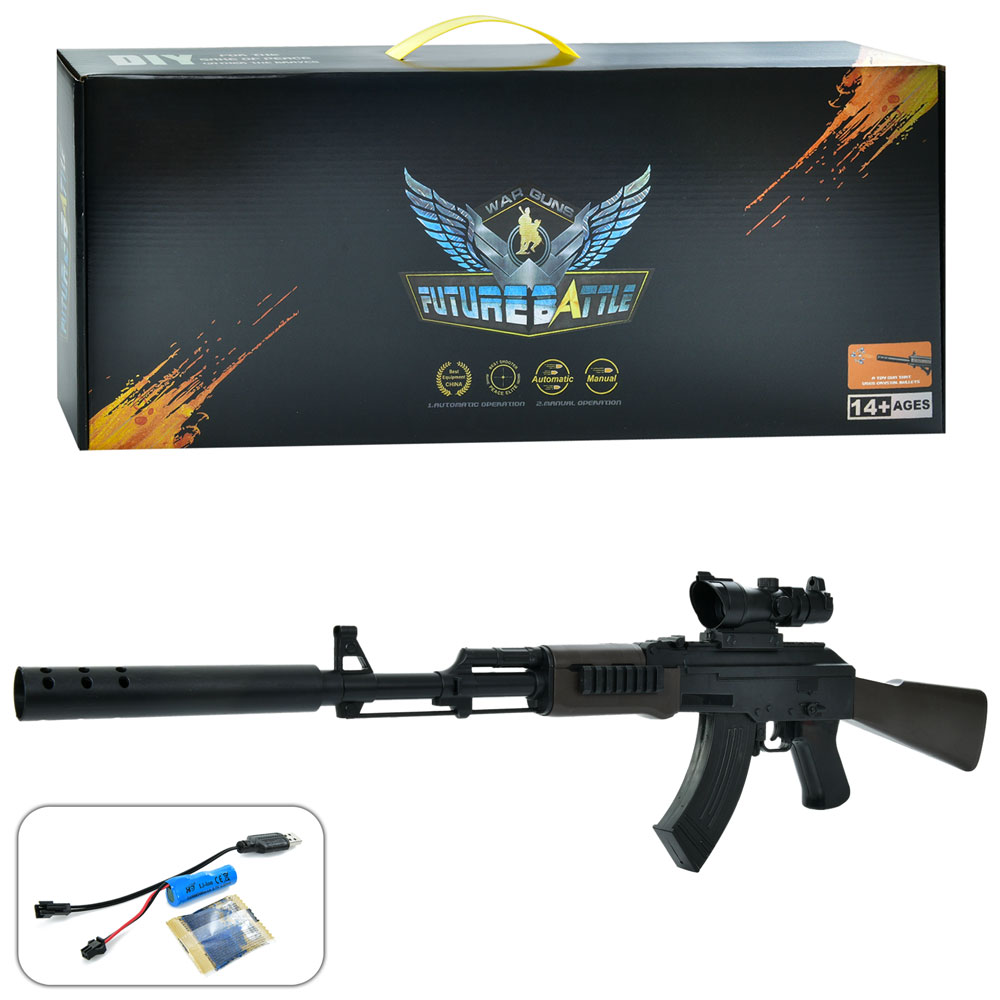 Автомат 667-1 (12шт) акум, 87см, водяні кулі, приціл, USBзарядне, в кор-ці, 58-23,5-6,5см