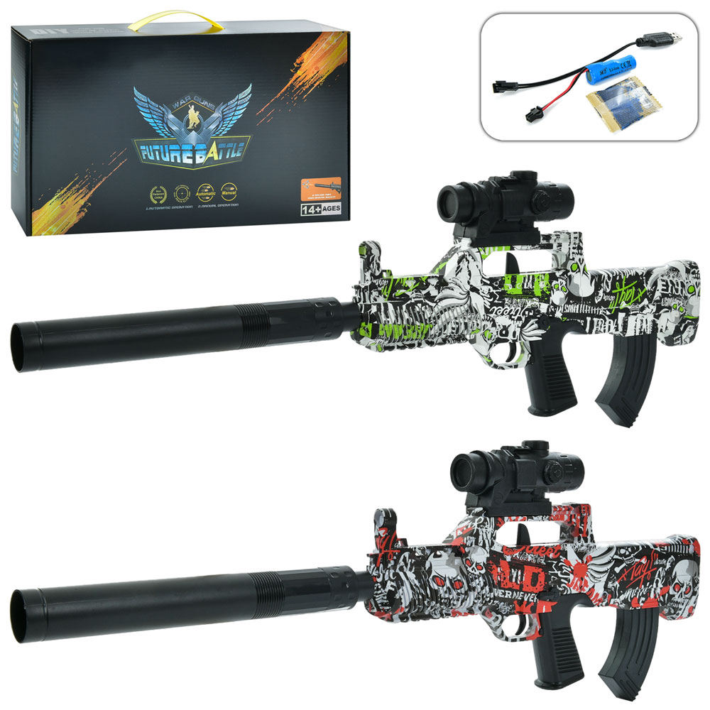 Автомат 988-2-3 (12шт) акум, 65см, водяні кулі, прицел, USBзарядне, 2 види, в кор-ці, 45-24,5-6,5см