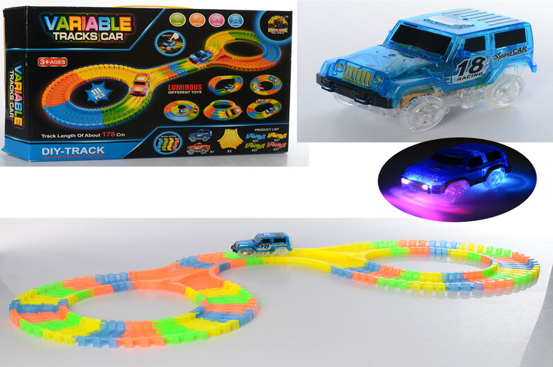 Трек GD-111A (36шт) 178см, светится в темноте,машина9,5см-свет,111дет,на бат-ке,в кор-ке,35,5-24-6см