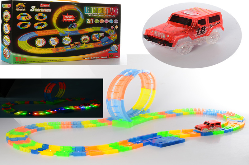 Трек GD-152A (24шт) світиться в темряві,315см,пов360,машинка,муз,св,118дет,бат,в кор-ці, 44-27,5-7см