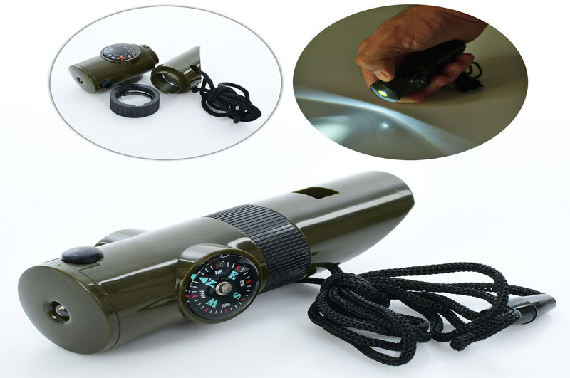 Свисток MS 3705 (100шт)10см, 7в1, на шнурку, компас, градусник, лупа, ліхтарик, в кор-ці 10-3-3см