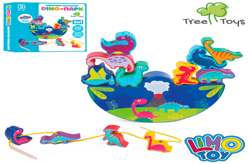 Дерев'яна іграшка Балансир MD 1720 (30шт) динозаври (12 шт.), шнурівка, кор., 23-23-3,5 см.