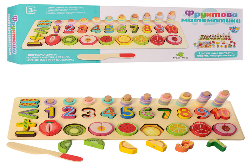 Дерев'яна іграшка Набір першокласника MD 2284 (20шт) цифри/фрукти/фігури(рамка-вкладиш),кор.,46-15-5