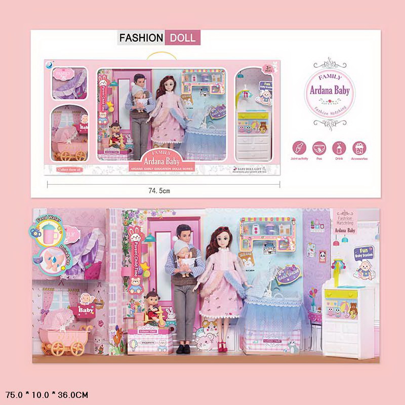 Лялька арт. 202169 (12шт/2)  типу Барбі, сім'я 4 ляльки(мама, тато, 2 малюки), візочок, ліжечко, акс