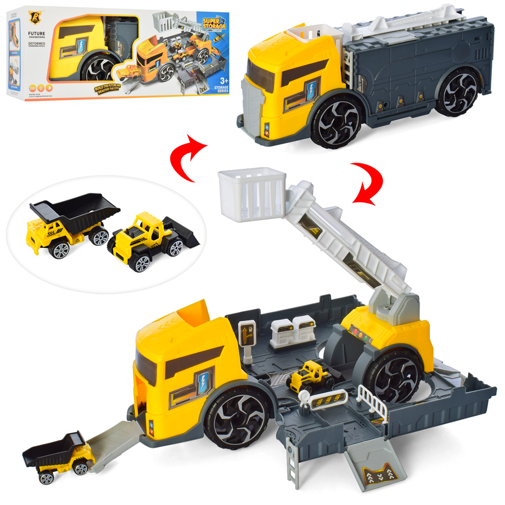 Трейлер P905-A (18шт) 35см, 2в1,контейнер-гараж/кран, машинки2шт, 6см, в кор-ке,39-15,5-11см