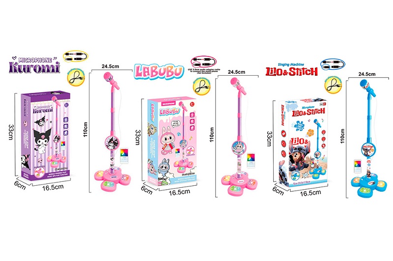 Мікрофон 5622A-25A-26A (36шт) на стійці, 110см, світло, MP3, 3види(LBB, LS, KR), на бат-ці, в кор-ці