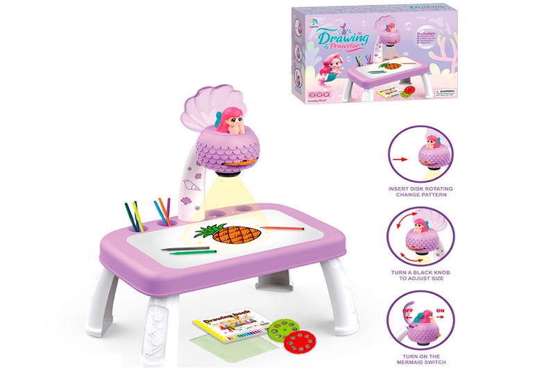 Проектор YM-89 (24шт) русалка, столик, 41-27-в46см, світло, слайди (24картинки), фломастери 12шт, ал