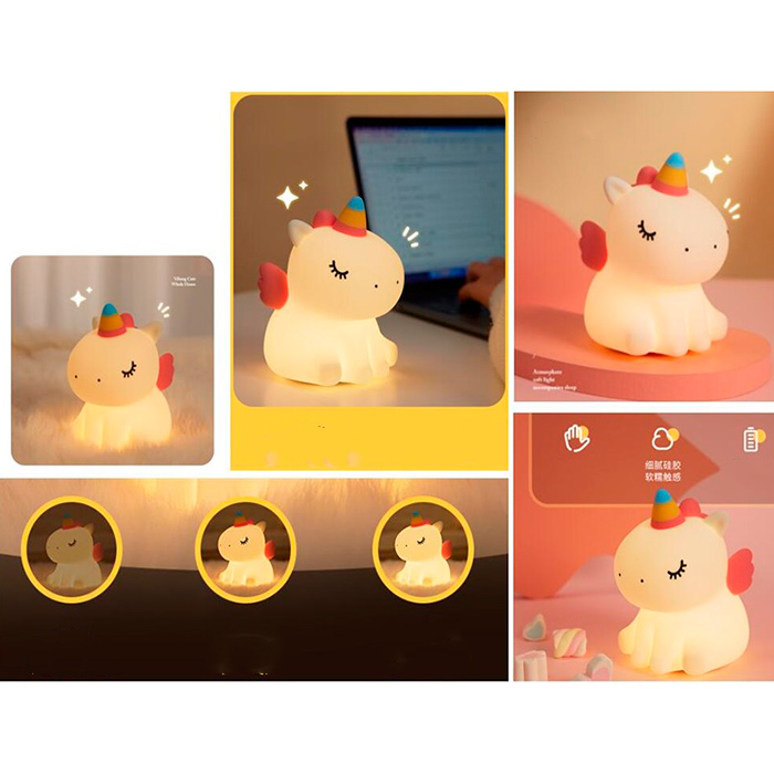 Нічник A007 (18шт) єдиноріг, 9,2-13-13,9см, 3 рівні яскравості, таймер 30хв, акум, USBзарядне, в кор