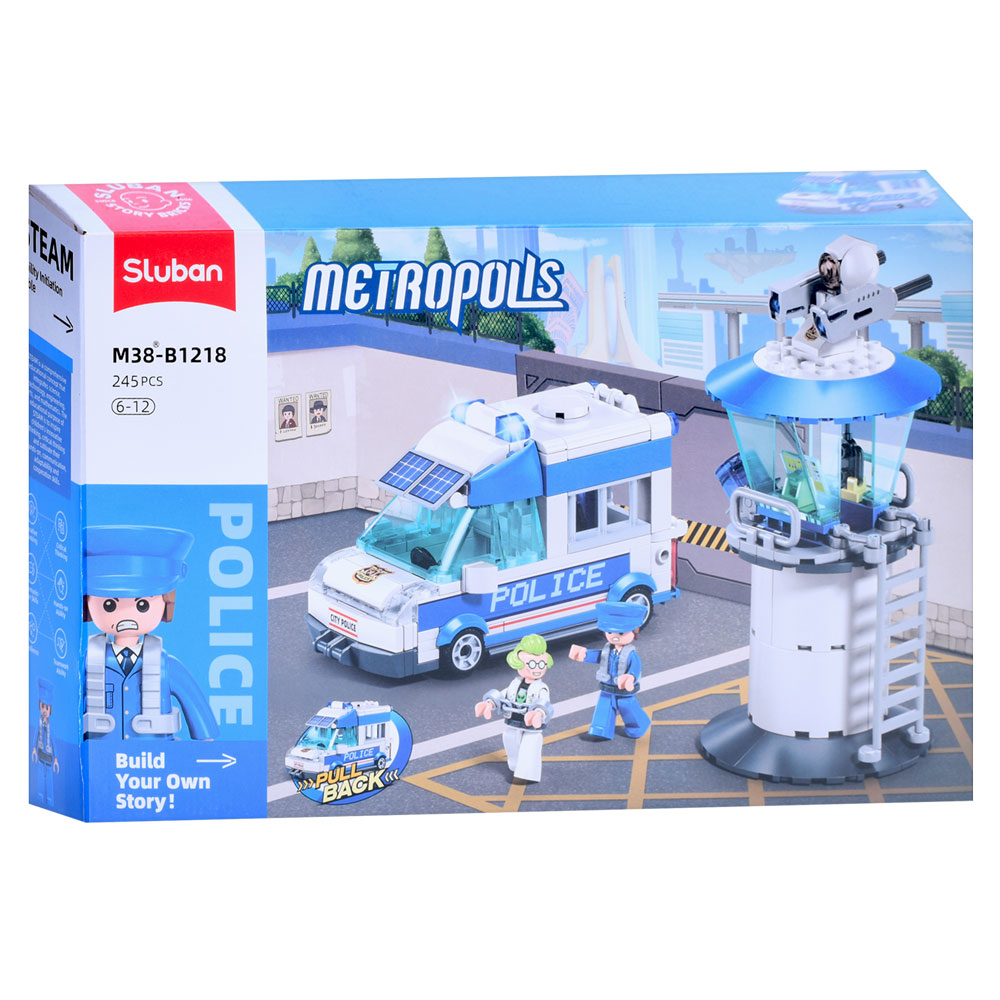 Конструктор SLUBAN M38-B1218 (16шт) поліція, вежа, машина 12см, фігурки, 245дет, в кор-ці, 38-24-7см